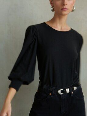 Nation LTD Black Loren Long Sleeve Puff-Sleeve Tee Top